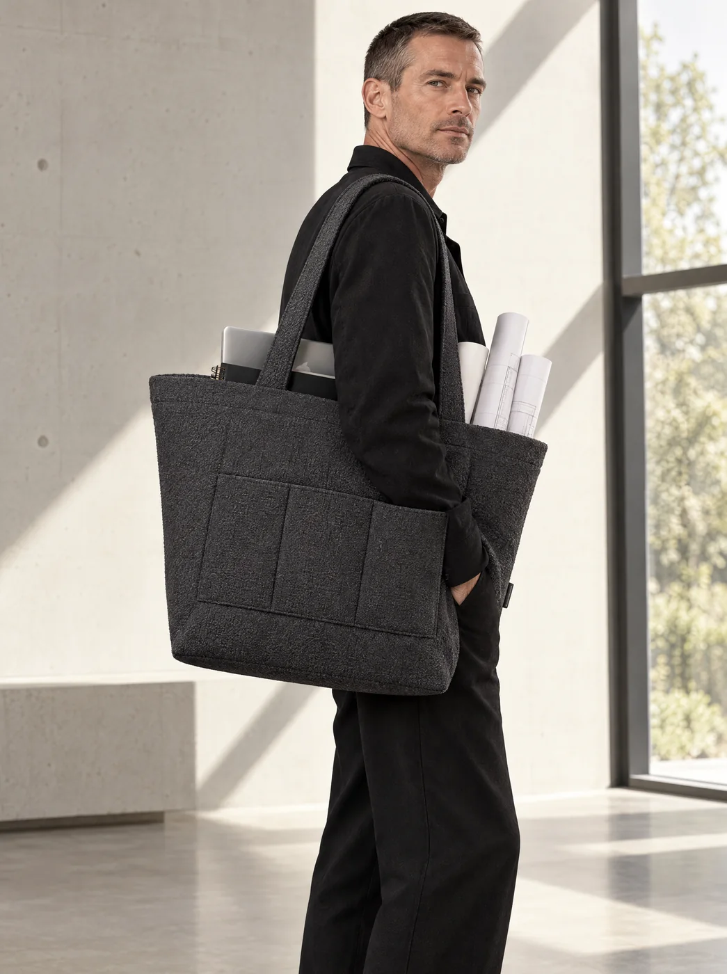 Mann in minimalistischer Architektur mit der boldBag in anthrazit, darin Laptop und Pläne