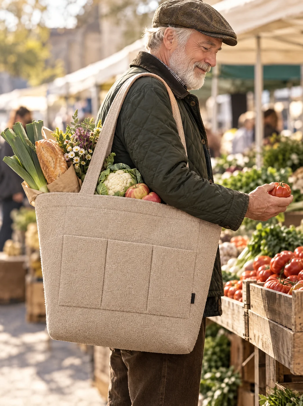 Älterer Mann auf dem Wochenmarkt mit prall gefüllter boldBag in beige