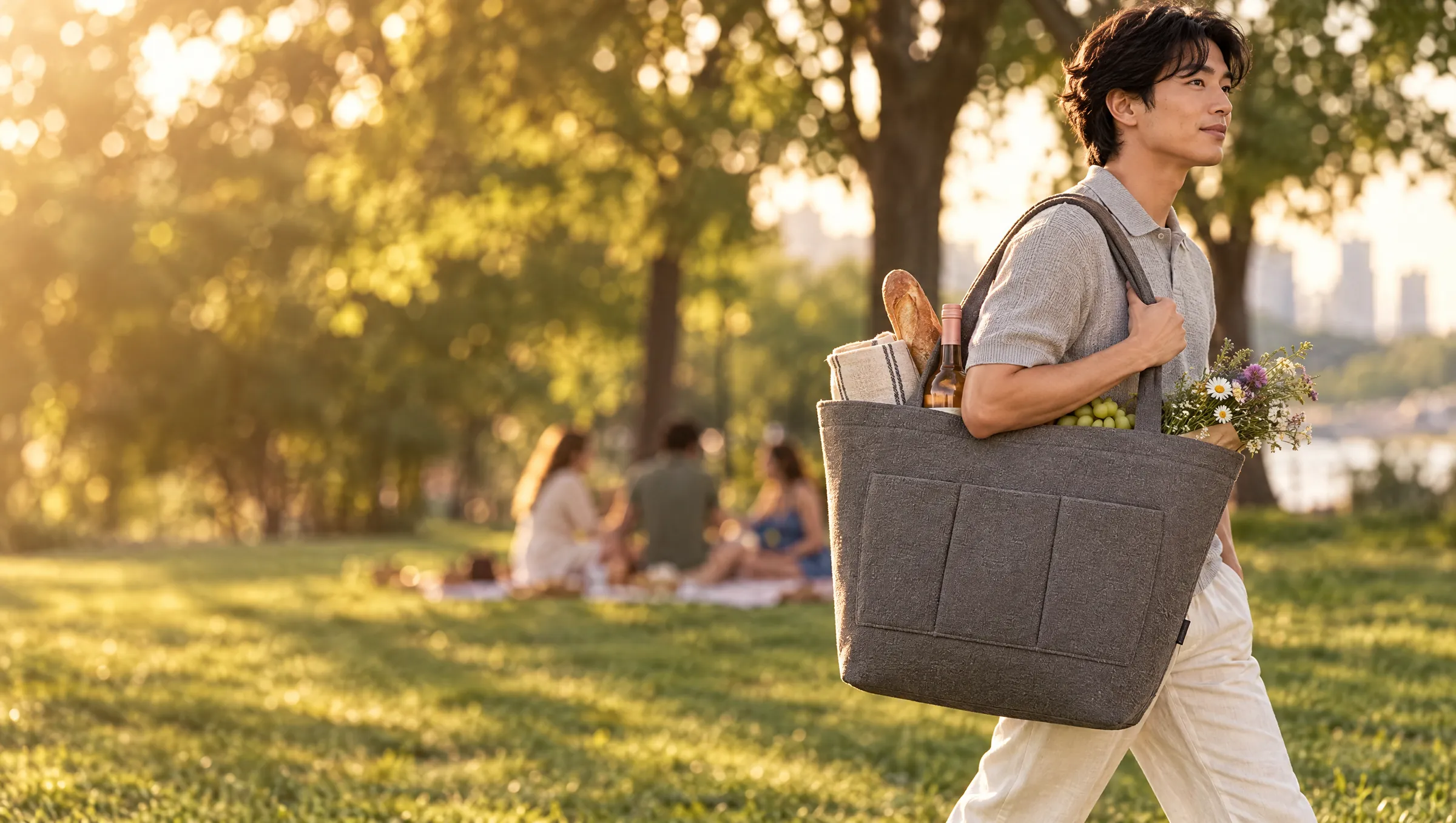 Mann im Park mit der boldBag in grau, gefüllt mit Decke, Baguette und Wein