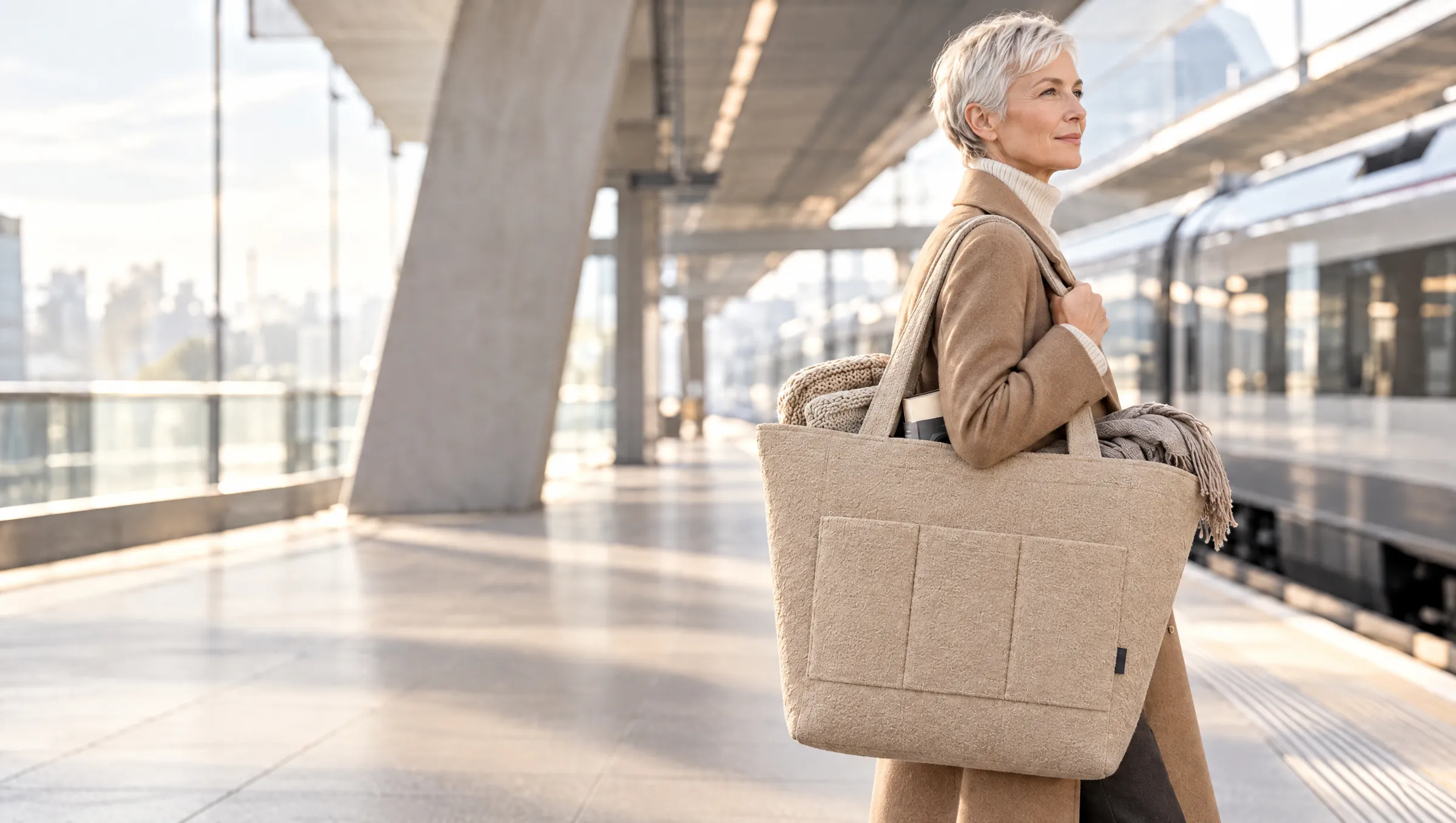 Frau am Bahnsteig mit der gepackten boldBag in beige